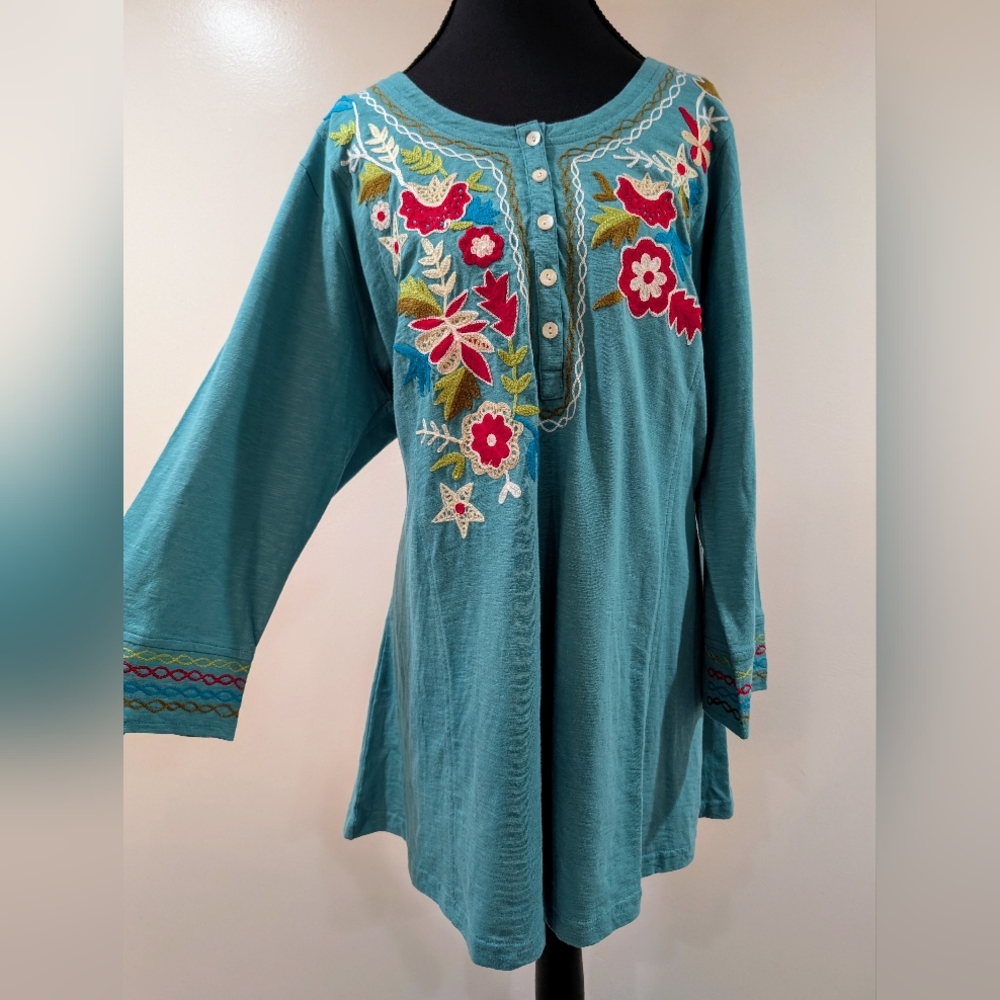 Teal Embroidered Tunic with Floral Design